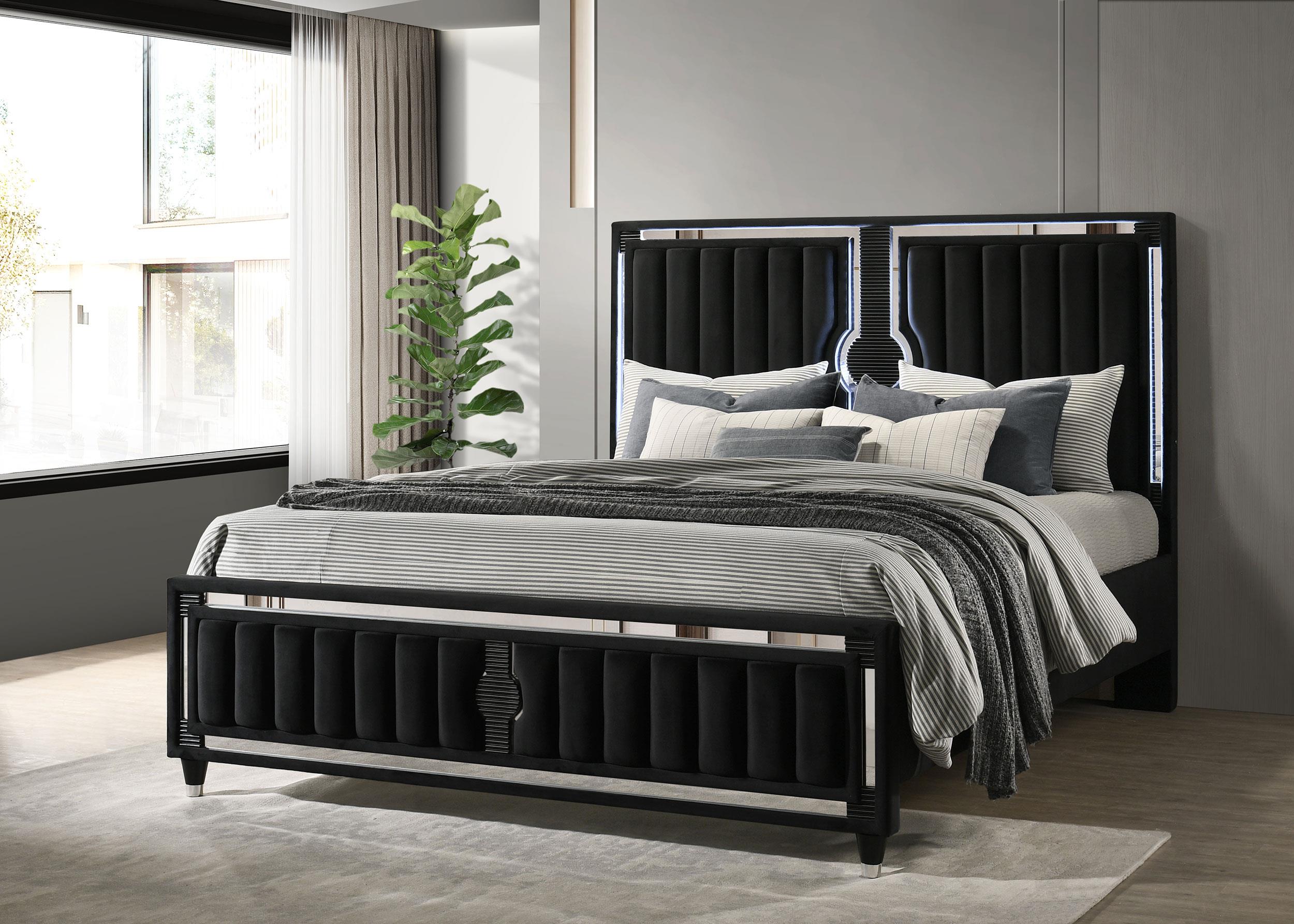Ravenne Velvet Upholstered California King LED Panel Bed Black
