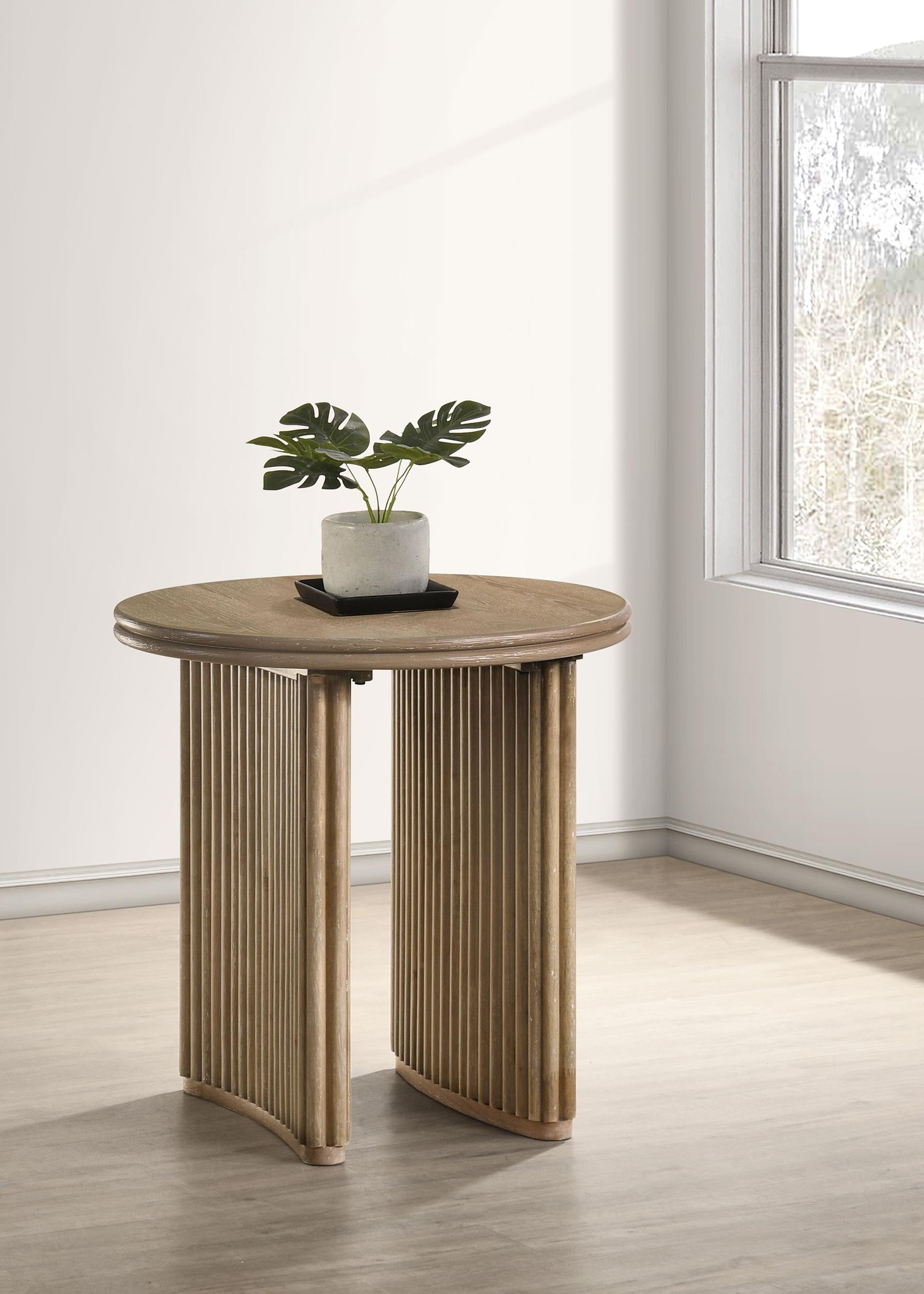 Adina Round Wood Side End Table Distressed Light Brown